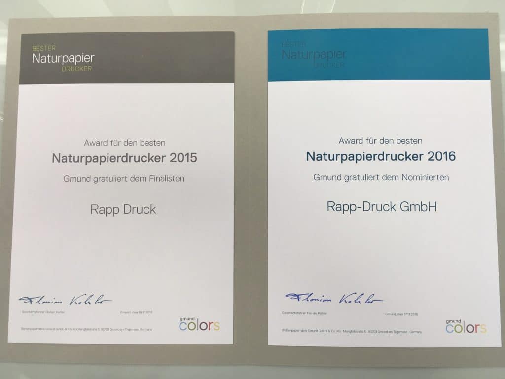 Urkunde Rapp-Druck Gmund Naturpapierdrucker Award Finalist